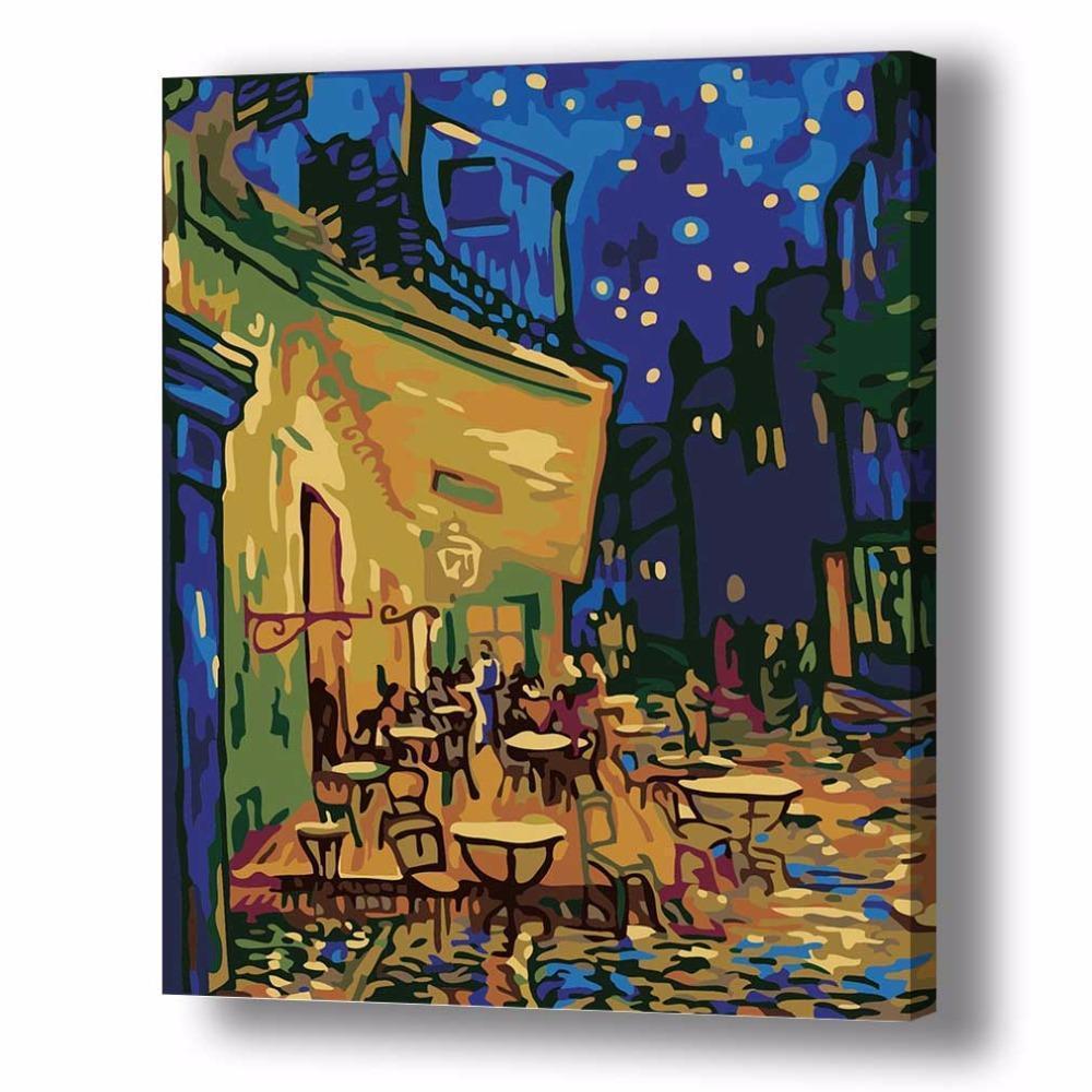 DIY Paint by Number kit for Adults on Canvas-Café Terrace at Night - Van Gogh-Clean PBN