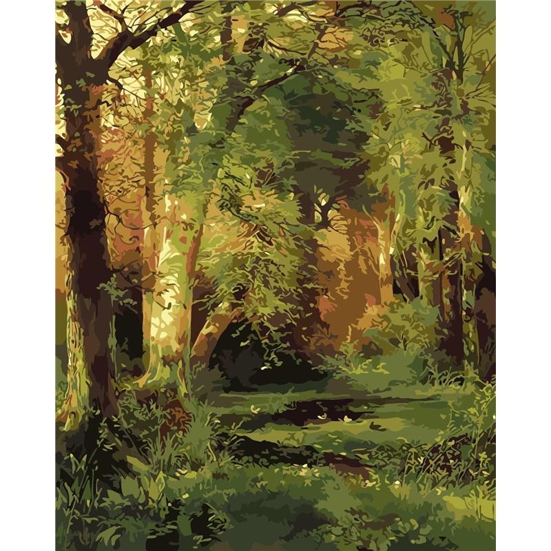 DIY Paint by Number kit for Adults on Canvas-Forest Scene - Thomas Moran-Clean PBN