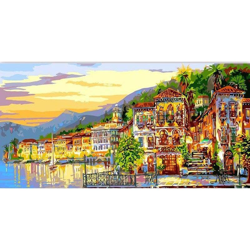 DIY Paint by Number kit for Adults on Canvas-Seaside Town at Dusk ...